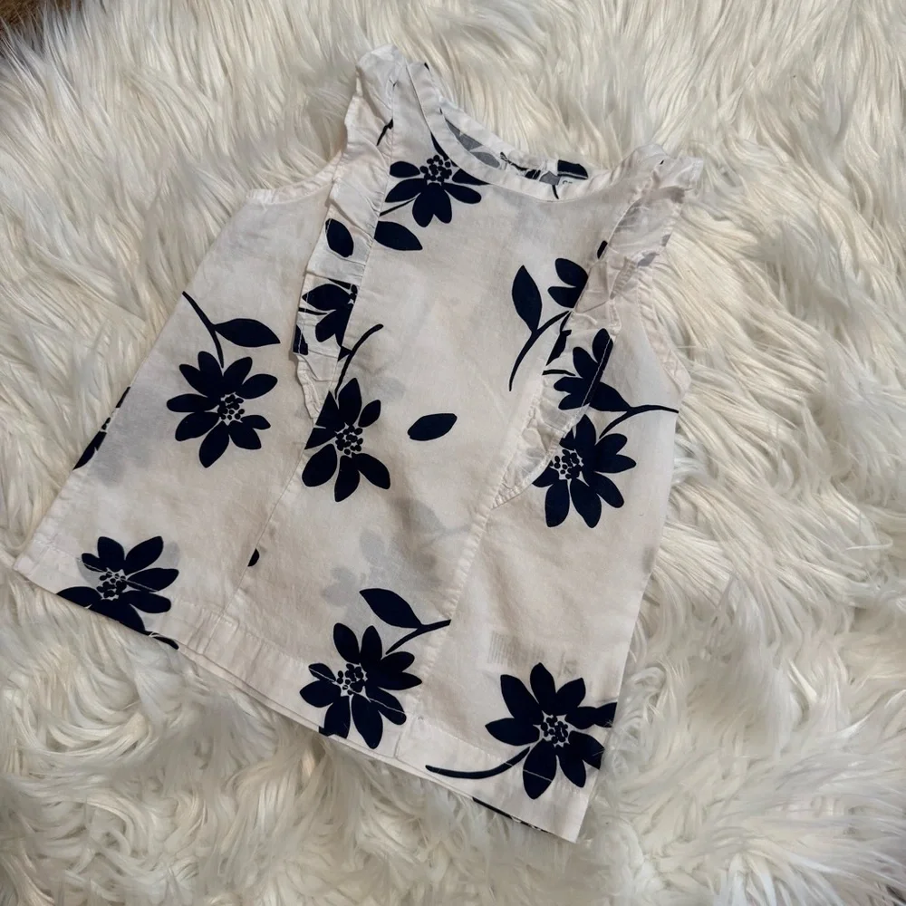 Carter’s‎ Baby Girl Floral Ruffle Top 12M White Blue Sleeveless Blouse